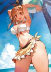  1girl :d armpits arms_up atelier_(series) atelier_ryza atelier_ryza_3 ball beachball bikini blue_sky blush braid breasts brown_eyes brown_hair closed_mouth cloud cloudy_sky collarbone day fingernails hair_ornament hairclip highres holding lens_flare looking_at_viewer medium_breasts medium_hair navel ocean official_art open_mouth outdoors palm_tree reisalin_stout shiny_skin simple_background sky smile solo stomach sweat sweatdrop swimsuit teeth thighs toridamono tree upper_teeth_only water x_hair_ornament 