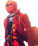  1boy 39zo commentary_request gokai_red highres jacket kaizoku_sentai_gokaiger male_focus open_clothes open_jacket pirate profile red_headwear red_jacket solo super_sentai tokusatsu twitter_username upper_body white_background 