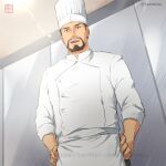  1boy bara beard brown_eyes brown_hair chef chef_hat chef_uniform commentary_request facial_hair hat isekai_shokudou isomine male_focus mature_male muscular muscular_male mustache open_mouth owner_(isekai_shokudou) short_hair smile solo 