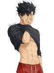  1boy abs black_hair black_shirt blush clothes_lift covering_mouth guilty_challenge_(meme) haikyuu!! hair_between_eyes hand_in_clothes hand_over_own_mouth hand_under_clothes hand_under_shirt highres kuroo_tetsurou layerscake looking_at_viewer male_focus meme muscular muscular_male navel orange_eyes pants shirt shirt_lift short_hair short_sleeves simple_background smile spiked_hair stomach sweatpants t-shirt 