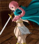  1girl absurdres ass breasts cape eyebrows_visible_through_hair gloves highres holding holding_weapon jewelry large_breasts long_hair looking_at_viewer mijukuhentai pink_hair ponytail rebecca_(one_piece) self_upload solo weapon wide_hips 