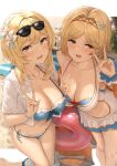  2girls akita_hika bangs blonde_hair blush breasts brown_eyes djeeta_(granblue_fantasy) flower genshin_impact granblue_fantasy hair_flower hair_ornament highres large_breasts looking_at_viewer lumine_(genshin_impact) medium_hair multiple_girls short_hair sidelocks thighs yellow_eyes 