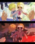  2boys aged_down blonde_hair blood blood_on_face blue_shirt blush bone brothers disembodied_limb donquixote_doflamingo donquixote_rocinante happy highres light_rays multiple_boys one_piece open_mouth outstretched_arms pink_shirt pov scared shirt short_hair siblings smile sunglasses teeth tongue torn_clothes ususmomo 