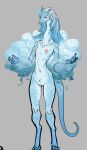 absurd_res anthro blue_body blue_eyes blue_hair breasts cloud dragon electricity elemental_manipulation female front_view genitals hair hi_res horn lightning long_hair long_neck nude pussy sadimure sketch skinny small_breasts solo standing tall