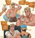  2boys abs absurdres artist_name bara baseball_cap blue_eyes brown_pants collared_shirt coral_island crying crying_with_eyes_open english_text facial_hair hat helbai highres holding jewelry large_pectorals looking_at_another male_focus multiple_boys muscular muscular_male navel necklace nipples pants pectorals protagonist_(coral_island) shirt tears topless_male white_shirt 