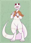  2018 4_toes albino anthro bangle belly belly_markings big_tail biped cape cape_only capelet catsbrew cel_shading clothing crusch_lulu cute_fangs digital_drawing_(artwork) digital_media_(artwork) digitigrade eyelashes featureless_crotch feet female flat_chested front_view green_background hi_res huge_tail jewelry leg_markings lizard lizardman_(overlord) long_neck long_tail looking_up markings membrane_(anatomy) mostly_nude neck_markings open_mouth open_smile orange_cape overlord_(series) pattern_cape pink_markings pink_tongue pupils red_eyes reptile scalie shaded signature simple_background slit_pupils smile solo standing tail_markings thick_tail thigh_markings toes tongue toony tribal tribal_markings webbed_feet white_body 