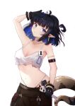  1girl :o ahoge arknights armlet armpits arms_up bangs black_gloves black_hair blue_hair blunt_bangs blush breasts brown_pants collarbone colored_inner_hair commentary_request cowboy_shot crop_top dokawa earrings eunectes_(arknights) eunectes_(forgemaster)_(arknights) eyebrows_behind_hair gloves highres holding holding_wrench jewelry long_hair multicolored_hair navel official_alternate_costume open_mouth pants parted_lips pointy_ears purple_eyes short_hair snake_tail solo stomach tail thong torn_clothes two-tone_hair underboob wrench 