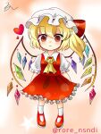  1girl ascot blonde_hair closed_mouth collared_shirt crystal flandre_scarlet frilled_skirt frilled_sleeves frills full_body hat hat_ribbon heart light_smile looking_at_viewer mary_janes medium_hair mob_cap multicolored_wings one_side_up orange_background puffy_short_sleeves puffy_sleeves red_eyes red_footwear red_ribbon red_skirt red_vest ribbon ribbon-trimmed_headwear ribbon_trim rore_(nsndi) shirt shoes short_sleeves simple_background skirt socks solo touhou vest white_headwear white_shirt white_socks wings yellow_ascot 