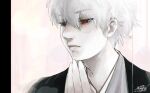  1boy closed_mouth hand_on_own_chin hand_up heterochromia kaneki_ken male_focus misutajobujobu portrait red_eyes short_hair simple_background solo tokyo_ghoul white_background white_hair 