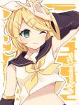  1girl armpits blonde_hair blush bow character_name crop_top detached_sleeves flipped_hair green_eyes hair_bow hair_ornament hairclip hand_on_own_forehead hand_up highres kagamine_rin long_sleeves looking_to_the_side midriff neckerchief one_eye_closed rageno0000 sailor_collar shirt short_hair sleeveless sleeveless_shirt smile solo v vocaloid 