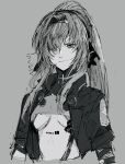  1girl bodysuit closed_mouth grey_background greyscale hair_over_one_eye hairband high_collar highres hikachil long_hair monochrome ponytail punishing:_gray_raven short_sleeved_jacket sidelocks solo vera:_garnet_(punishing:_gray_raven) vera_(punishing:_gray_raven) 