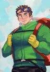  1boy backpack bag bara belt blue-framed_eyewear blue_background breath brown_hair closed_mouth cold eyewear_on_head glasses gloves green_eyes green_jacket highres holding jacket large_pectorals long_sideburns looking_at_viewer male_focus pectorals red_bag short_hair sideburns sketch smile solo sonikinme thick_eyebrows tokyo_afterschool_summoners upper_body yellow_gloves zao_(housamo) 