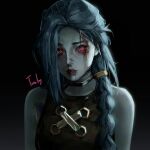  1girl arcane:_league_of_legends arcane_jinx artist_name asymmetrical_bangs bare_shoulders black_background blood blood_on_face braid brown_shirt closed_mouth green_hair grey_background hair_ornament highres jinx_(league_of_legends) league_of_legends long_hair looking_at_viewer nosebleed shirt solo two.by 