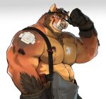  1boy bandaged_arm bandages bara bare_pectorals black_gloves boar_boy brown_fur colored_skin furry furry_male gloves goggles goggles_on_head highres looking_at_viewer nipples nose_piercing nose_ring orange_eyes orange_skin original pectorals piercing saltypoundcake smile soot thick_eyebrows topless_male 