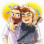  2boys anisf_(anisfbakery) arm_around_shoulder bara beard beard_stubble blush couple facial_hair forked_eyebrows full_beard guitar hand_on_another&#039;s_waist happy heads_together heart highres instrument joseph_(scott_pilgrim) long_sideburns looking_at_another loving_aura male_focus multiple_boys official_style scott_pilgrim_(series) scott_pilgrim_takes_off short_hair sideburns sparse_stubble spiked_hair stephen_stills thick_beard thick_eyebrows upper_body yaoi 