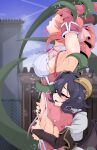  2girls armpits arms_up black_hair breasts bridal_gauntlets covered_nipples hanabishi_haruka head_back heart_maebari highres hiiragi_utena horns hug large_breasts maebari magia_baiser magia_magenta mahou_shoujo_ni_akogarete multiple_girls navel pink_hair short_hair sideboob smile stomach tentacles textless_version ttptt yellow_horns yuri 