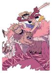  2boys black_hair blonde_hair blue_shorts capri_pants closed_eyes coat donquixote_doflamingo earrings feather_coat fur_trim hat highres jewelry male_focus medamayaki_tro monkey_d._luffy multiple_boys muscular muscular_male one_piece open_clothes pants person_on_shoulder pink_coat red_shirt sandals sash scar scar_on_chest shirt short_hair shorts size_difference smile straw_hat sunglasses teeth twitter_username white_background white_shirt yellow_sash 