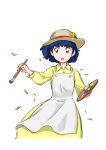  1girl absurdres apron black_eyes blue_hair dress flower hat hat_flower highres holding holding_brush holding_palette kaze_tachinu kondou_rururu leaf looking_to_the_side open_mouth palette_(object) satomi_naoko short_hair simple_background solo sun_hat white_apron white_background yellow_dress 