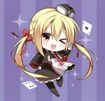  &gt;_o 1girl :d ace_(playing_card) ace_of_hearts arihara_nanami black_capelet black_dress black_headwear black_pantyhose blonde_hair blush bow capelet card chibi commentary dress four_of_clubs frilled_dress frills garrison_cap gloves hair_between_eyes hair_bow hair_ribbon hand_on_own_hip hand_up happy hat heart long_hair looking_at_viewer low_twintails maple_0126 necktie one_eye_closed open_mouth pantyhose playing_card purple_background red_bow red_necktie red_ribbon ribbon riddle_joker simple_background smile solo sparkle standing standing_on_one_leg twintails v very_long_hair white_gloves 