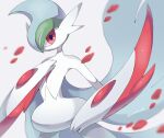  arm_blade artist_name closed_mouth colored_skin commentary_request gallade green_hair highres iwasi_29 mega_gallade mohawk pokemon pokemon_(creature) red_eyes simple_background twitter_username weapon white_background white_skin 