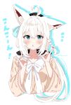  1girl :o ahoge animal_ear_fluff animal_ears bangs beret black_bow blush bow braid collarbone commentary_request double_fox_shadow_puppet ear_down earrings eyebrows_visible_through_hair fox_ears fox_girl fox_shadow_puppet green_eyes hair_between_eyes hair_bow hat hibarino_tuyuri highres hololive jewelry long_hair long_sleeves looking_at_viewer shirakami_fubuki shirt sidelocks simple_background single_braid solo twitter_username virtual_youtuber white_background white_hair white_shirt 