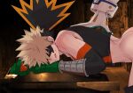  2boys :q ass bakugou_katsuki black_mask black_shirt blonde_hair boku_no_hero_academia clothes_pull freckles gloves highres male_focus midoriya_izuku multiple_boys pants pants_pull red_eyes seoltang_(nitro_sugar) sex sex_from_behind shirt short_hair smile spiked_hair tongue tongue_out white_gloves yaoi 