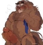 anthro ball_tuft balls beast_(disney) beauty_and_the_beast blush blush_lines bodily_fluids body_hair chest_hair disney erection genitals hairy_arms hairy_balls hairy_legs hi_res holding_object holding_towel hyaku_(artist) looking_at_viewer male monster muscular_chubby nude nude_male penis solo sweat sweatdrop towel tuft vein veiny_penis