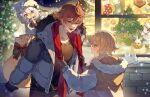  1boy 2girls blonde_hair christmas christmas_ornaments christmas_tree coat fur_trim genshin_impact hair_between_eyes highres hood hoodie jacket lumine_(genshin_impact) multiple_girls orange_hair paimon_(genshin_impact) red_scarf sack scarf short_hair snow snowing ssm_(ssm82048039) tartaglia_(genshin_impact) white_hair winter winter_clothes winter_coat yellow_eyes 