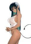  1girl absurdres aqua_eyes aqua_hair black_hair breasts clothes_pull colored_inner_hair commentary cowboy_shot dark-skinned_female dark_skin demon_girl demon_horns demon_tail ear_piercing from_side highres horns large_breasts long_hair looking_at_viewer multicolored_hair nagata_shuu nail_polish one-piece_swimsuit one-piece_swimsuit_pull original parted_lips piercing puckered_lips sideboob simple_background solo standing straight_hair swimsuit tail wet white_background white_nails white_one-piece_swimsuit 
