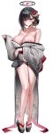  1girl :o absurdres alternate_costume bare_legs black_hair black_panties blue_archive blush breasts feet flower full_body grey_kimono groin hair_flower hair_ornament halo highres japanese_clothes kimono large_breasts legs looking_at_viewer nipples okobo panties platform_footwear red_eyes revision rio_(blue_archive) sandals simple_background solo toes underwear white_background yerim 