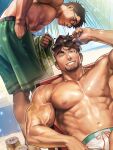  &gt;_o 2boys abs bara beach black_hair brown_eyes day eyewear_on_head facial_hair glasses green_eyes green_male_swimwear hand_in_pocket highres holding holding_clothes holding_shirt large_pectorals looking_at_viewer male_focus male_swimwear multiple_boys muscular muscular_male navel nipples one_eye_closed original outdoors parted_lips pectorals shirt shirt_removed short_hair sideburns sky smile sunglasses swim_trunks teeth topless_male undercut wasp_(anthyutena) white_male_swimwear 