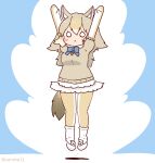  1girl animal_ears arms_up blue_background bow bowtie cardigan coroha elbow_gloves extra_ears full_body gloves golden_jackal_(kemono_friends) grey_hair jackal_ears jackal_girl jackal_tail jumping kemono_friends kemono_friends_3 long_hair looking_at_viewer pantyhose shoes simple_background skirt socks solo tail 
