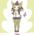  1girl animal_ears arms_up black_hair coroha extra_ears full_body green_background green_hair jacket jumping kemono_friends kemono_friends_3 long_hair looking_at_viewer mandrill_(kemono_friends) mask multicolored_hair necktie pantyhose shirt shoes shorts simple_background solo tail two-tone_hair 