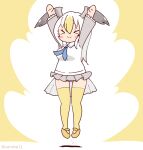  1girl arms_up bird_girl bird_tail bird_wings blonde_hair common_gull_(kemono_friends) coroha feathered_wings full_body head_wings jumping kemono_friends kemono_friends_3 long_hair looking_at_viewer multicolored_hair necktie shirt shoes simple_background skirt solo tail thighhighs two-tone_hair white_hair wings yellow_background 