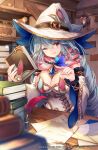 1girl bangs blue_hair book breasts bug butterfly chain cleavage desk detached_sleeves dress fairy_godmother_(grimms_echoes) gem grimms_echoes hair_between_eyes hat jewelry large_breasts long_hair looking_at_viewer magnifying_glass makihitsuji official_art one_eye_closed paper quill red_eyes smile solo white_dress witch_hat 