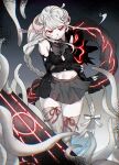  1girl abyssal_ship bangs black_gloves braid breasts closed_mouth colored_skin detached_sleeves fingerless_gloves gloves grey_skirt horns kantai_collection long_hair mochitsu_jou pale_skin red_eyes ribbon simple_background skirt solo tentacles thighhighs twitter_username very_long_hair white_hair white_ribbon white_skin yokohama_wharf_princess 