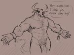  abs andrefil360 anthro body_hair bone bovid bovine cattle demon dialogue fangs genitals hi_res horn male mammal monster muscular nipple_piercing nipples pecs penis piercing shackles_only sketch skull skull_head solo speech_bubble tail text 