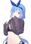  1girl black_bra black_sweater blue_hair blue_hairband blush borrowed_character bra clothes_lift coffeekite commentary hairband highres lifted_by_self long_hair looking_at_viewer midriff minah_(chaesu) navel original simple_background solo stomach sweater sweater_lift underwear upper_body very_long_hair white_background 