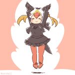  1girl arms_up bird_girl bird_tail bird_wings cardigan coroha feathered_wings full_body gloves head_wings jumping kemono_friends kemono_friends_3 long_hair looking_at_viewer multicolored_hair pantyhose pink_background scarf shoes simple_background skirt solo tail thighhighs tufted_puffin_(kemono_friends) white_hair wings 