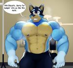 2024 abs absurd_res after_exercise anthro australian_cattle_dog bandit_heeler barazoku biceps big_muscles bluey_(series) bodily_fluids bottomwear canid canine canis cattledog clothed clothing dialogue domestic_dog english_text eyebrows front_view fur gym herding_dog hi_res huge_muscles inside lico_utari looking_at_viewer male mammal muscular muscular_anthro muscular_male musk navel nipples pants pastoral_dog pecs solo standing sweat talking_to_viewer teeth text topless topless_anthro topless_male tuft