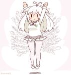  1girl arms_up bird_girl bird_tail bird_wings bow bowtie cardigan coroha feathered_wings full_body grey_background head_wings jumping kemono_friends kemono_friends_3 long_hair looking_at_viewer pantyhose shoes simple_background skirt solo tail white_hair white_peafowl_(kemono_friends) wings 