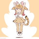  1girl animal_ears arms_up bow bowtie brown_hair cat_ears cat_girl cat_tail coroha extra_ears full_body jumping kemono_friends kemono_friends_3 large-spotted_genet_(kemono_friends) long_hair looking_at_viewer pink_hair shirt shoes simple_background skirt solo tail thighhighs twintails 