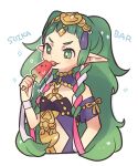  1girl arched_bangs breasts bright_pupils commentary fire_emblem fire_emblem:_three_houses food green_eyes green_hair haconeri hand_on_own_hip jewelry licking long_hair pointy_ears popsicle simple_background small_breasts solo sothis_(fire_emblem) symbol-only_commentary tiara upper_body v-shaped_eyebrows watermelon_bar white_background 