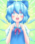  1girl blue_bow blue_eyes blue_hair blush bow cirno detached_wings gradient_background green_background hair_bow happy kisamu_(ksmz) looking_at_viewer neck_ribbon one-hour_drawing_challenge open_mouth puffy_short_sleeves puffy_sleeves red_ribbon ribbon shirt short_sleeves simple_background solo teeth touhou upper_body upper_teeth_only v-shaped_eyebrows white_shirt wings 