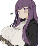  ? amakara_surume black_coat blush breasts closed_mouth coat dress fern_(sousou_no_frieren) highres holding holding_staff huge_breasts long_hair looking_at_viewer mage_staff purple_eyes purple_hair purple_pupils simple_background sousou_no_frieren spoken_question_mark staff upper_body white_background white_dress 