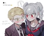  ! 1boy 1girl :o blonde_hair blush braid breasts closed_mouth collarbone danganronpa_(series) danganronpa_2:_goodbye_despair freckles glasses grey_hair highres jacket kuzuryu_fuyuhiko large_breasts long_hair neckerchief open_clothes open_jacket pekoyama_peko red_eyes red_neckerchief school_uniform shirt short_hair striped striped_jacket sweat translation_request twin_braids wktmqtj 