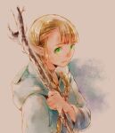  1girl aged_down blonde_hair blue_robe choker closed_mouth dungeon_meshi elf from_side green_eyes grey_background hair_around_ear hair_over_shoulder hand_up holding holding_staff hood hood_down hooded_robe jack_(haist) long_hair long_sleeves looking_at_viewer marcille_donato pointy_ears robe smile solo staff upper_body 