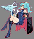  1girl black_choker blue_eyes blue_footwear blue_gloves blue_hair bodysuit boots bracelet breasts cape chest_jewel choker clair_(pokemon) cleavage cleavage_cutout clothing_cutout crossed_legs earrings english_commentary gloves grey_background highres hoop_earrings jewelry kaatokun kingdra knee_boots outline pokemon pokemon_(creature) pokemon_hgss ponytail red_eyes red_outline sleeveless sleeveless_bodysuit sparkle turtleneck_bodysuit twitter_username 