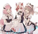  3girls alternate_costume animal_ears apron black_sleeves blue_eyes breasts cat_ears cat_girl chinese_clothes closed_eyes commentary_request cup elysia_(honkai_impact) elysia_(miss_pink_elf)_(honkai_impact) english_text fu_hua fu_hua_(garuda) gloves hair_between_eyes hand_on_another&#039;s_shoulder highres holding honkai_(series) honkai_impact_3rd light_brown_hair long_hair looking_at_another maid maid_apron maid_headdress medium_hair mug multiple_girls official_alternate_costume open_mouth pardofelis_(honkai_impact) pink_hair qqqne red_eyes red_hair simple_background small_breasts upper_body white_background white_gloves white_hair white_sleeves 
