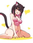 1girl animal_ears black_hair braid breasts camisole cat_ears cat_girl cat_tail commentary cougar_(cougar1404) cropped_shirt hair_intakes hair_tie heart looking_at_viewer medium_breasts multicolored_hair navel open_mouth original panties pink_camisole pink_hair pink_panties short_hair side_braids sitting smile solo tail twin_braids two-tone_hair underwear underwear_only wariza white_background yellow_eyes 